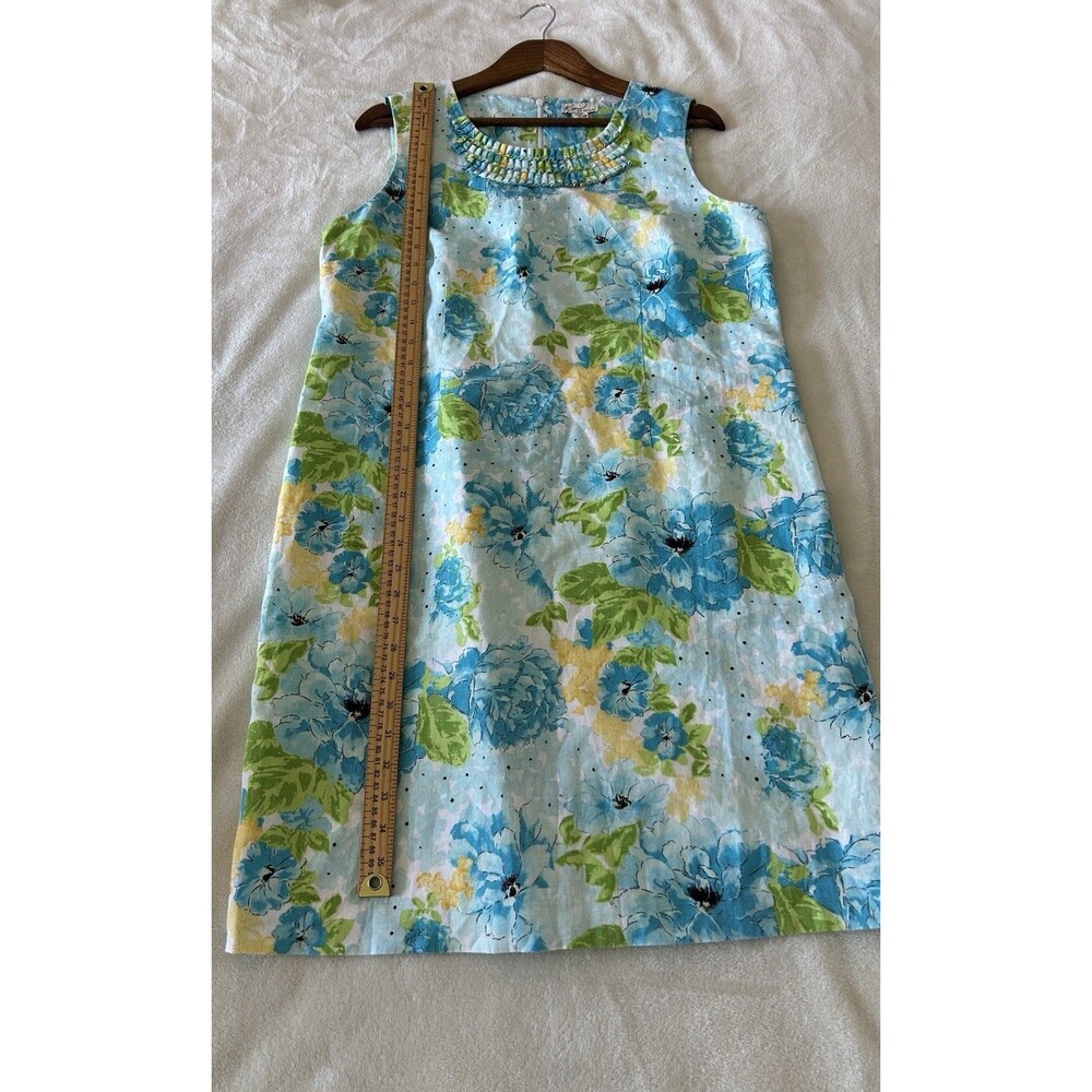 Kim Rogers Linen Shift Dress Womens 16 Blue Floral Sleeveless Pleated Neck - Picture 6 of 10